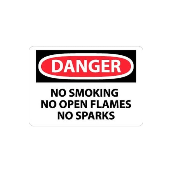 NMC OSHA Sign, Danger No Smoking No Open Flames No Sparks, 10in X 14in, White/Red/Black